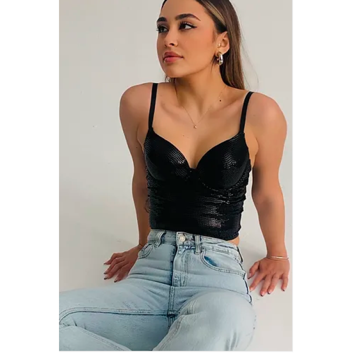 Baskılı Soft Lycralı Crop Top Balenli Push Up