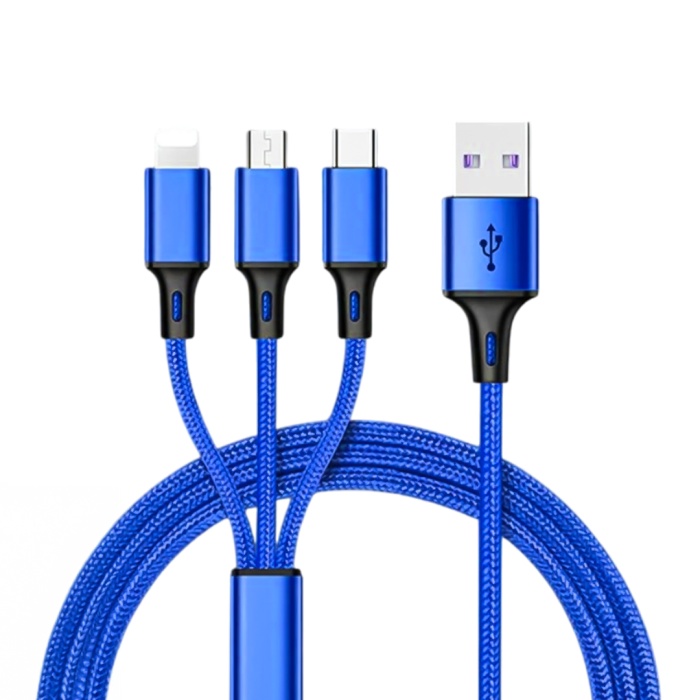 3IN1 MAVİ 1.2 METRE (MICRO USB - LIGHTNING - TYPE C) TELEFON ŞARJ KABLOSU (4172)