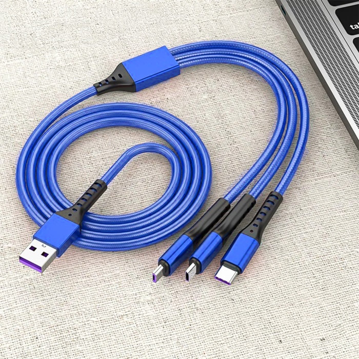 3IN1 MAVİ 1.2 METRE (MICRO USB - LIGHTNING - TYPE C) TELEFON ŞARJ KABLOSU (4172)