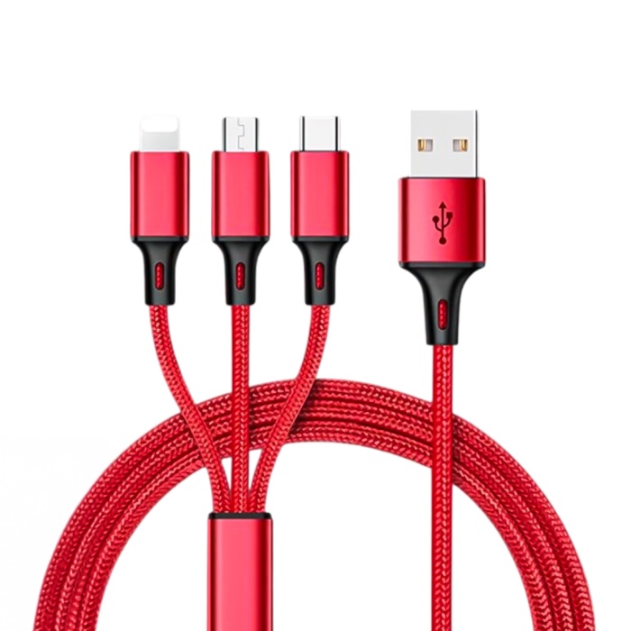 3IN1 KIRMIZI 1.2 METRE (MICRO USB - LIGHTNING - TYPE C) TELEFON ŞARJ KABLOSU (4172)