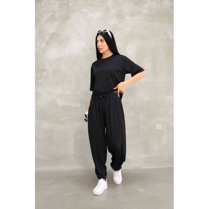 Osy Modal Yumuşak Dokulu Kumaş Oversize Bisiklet Yaka T-shirt Jogger Eşofman Altı Eşofman Takımı - Siyah