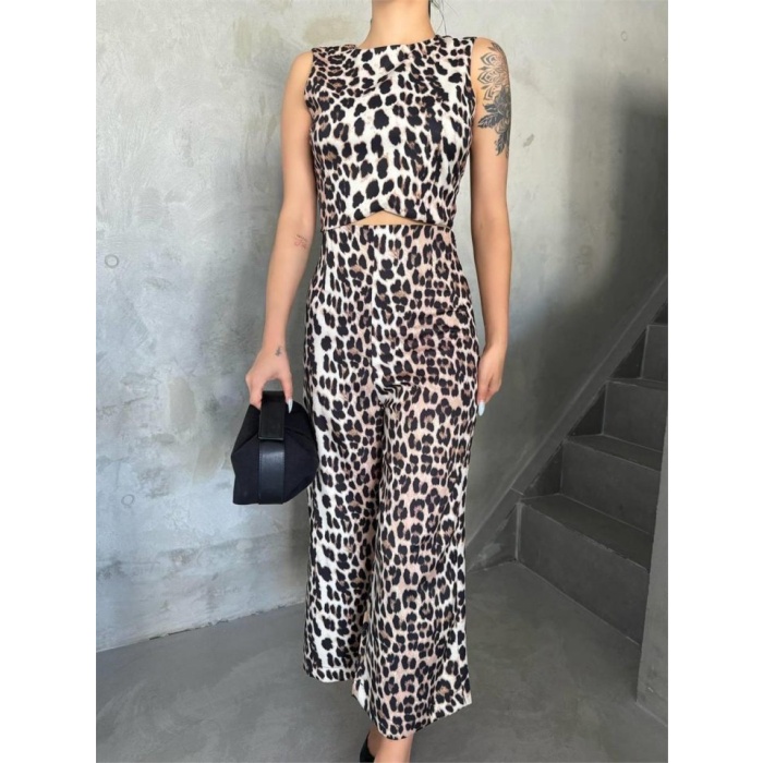 LEOPAR CROP KOLSUZ BLUZ-PANTOLON TAKIM - Leopar