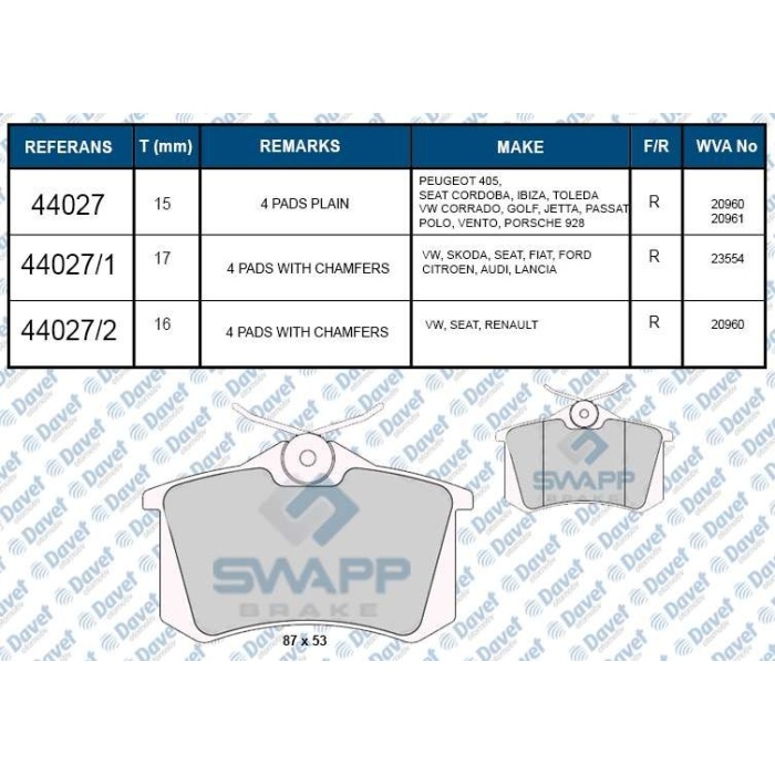 FREN BALATASI ARKA MEGANE II - A3-GOLF-PASSAT II-III-IV-VENTO-JETTA II-OCTAVIA-CORDOBA-IBIZA-TOLEDO P405I-II YÜKSEKLIK: 52.9 MM. UZUNLUK: 87 MM. KALINLIK: 15 MM WVA 20961