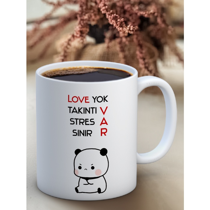 Baskılı Kupa Bardak Seramik Mug - Love yok, takıntı var, stres var, sinir var.