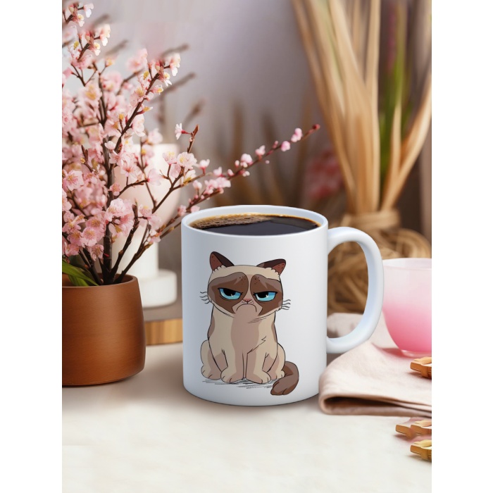 Baskılı Kupa Bardak Seramik Mug - Somurtgan Kedi