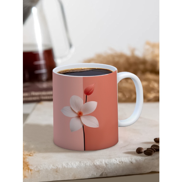 Baskılı Kupa Bardak Seramik Mug - Pembe Beyaz Çiçek