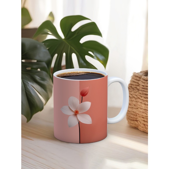 Baskılı Kupa Bardak Seramik Mug - Pembe Beyaz Çiçek