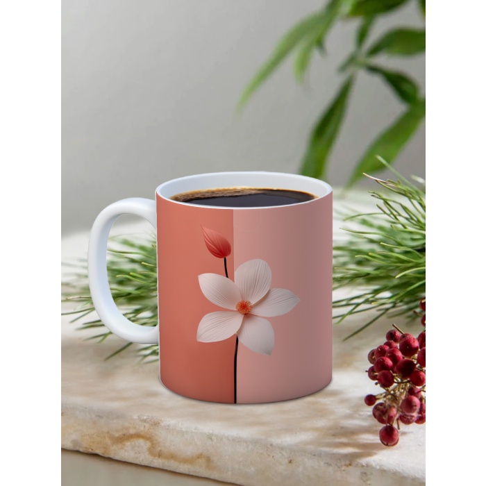 Baskılı Kupa Bardak Seramik Mug - Pembe Beyaz Çiçek