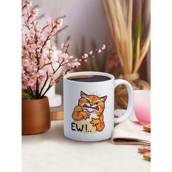 Baskılı Kupa Bardak Seramik Mug - EWW!  kedi