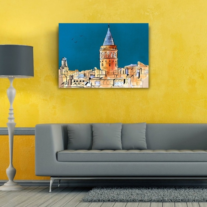 Galata Kulesi , Mavi Kahverengi Tonlarda Kanvas Tablo 50 x 70