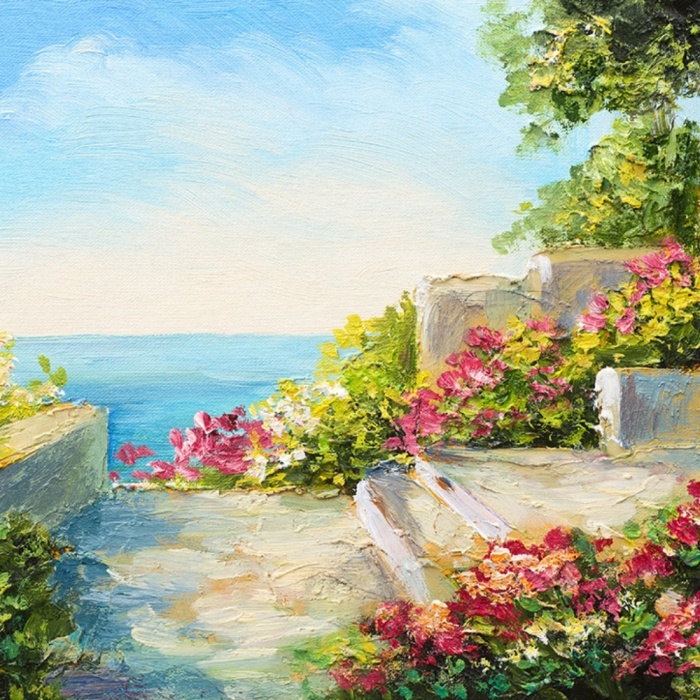 Çiçekli Taş Teras ve Deniz Manzarası  Yağlıboya Kanvas Tablo 50 x 70