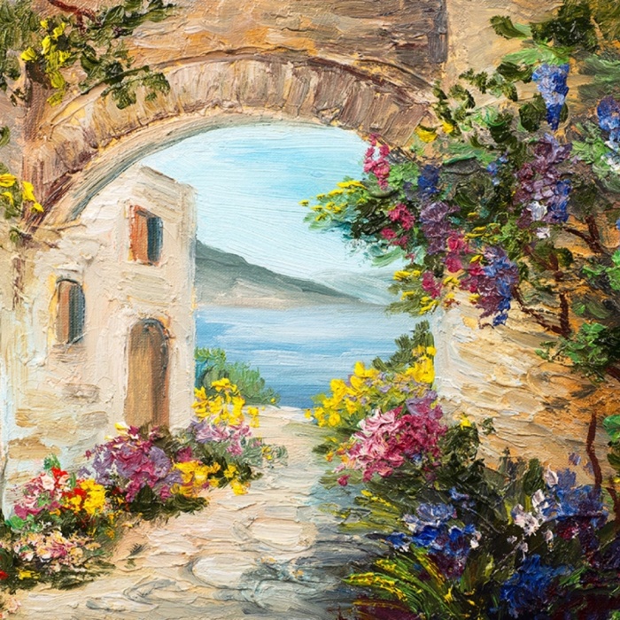 Taş Kemerin Ardında Deniz Manzarası Yağlıboya Kanvas Tablo 50 x 70