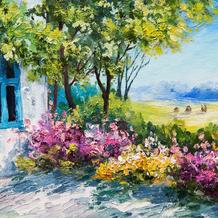 Renkli Çiçekler ve Bahar Manzarası Yağlıboya Kanvas Tablo 50 x 70