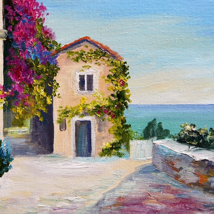 Sahildeki Sarmaşıklı Ev Yağlıboya Kanvas Tablo 50 x 70