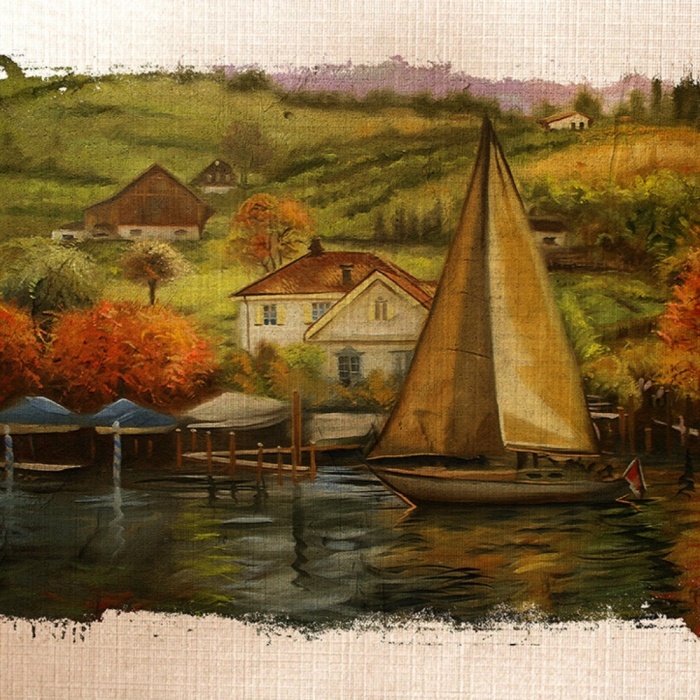 Sahildeki Yelkenli Yağlıboya Kanvas Tablo 50 x 70