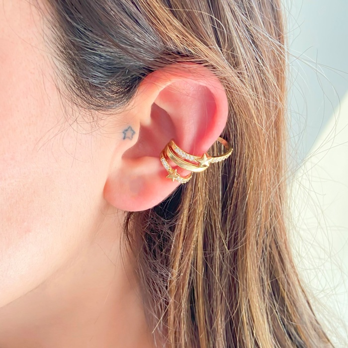 FerizZ Altın Kaplama Zirkon Taşlı Yıldız Detaylı Çelik Ear Cuff Küpe UNK-686