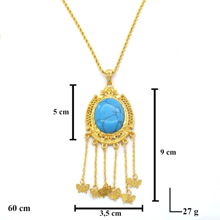 Altın Kaplama Firuze Taşlı Akıtma Kelebek Detaylı 60 CM Kolye KLY-497