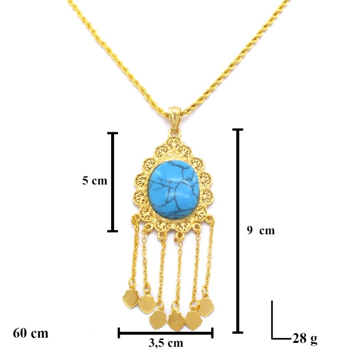 Altın Kaplama Firuze Taşlı Akıtma 60 CM Burgu Ziincirli Kolye KLY-493