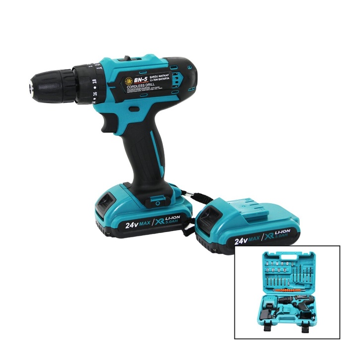 (BANCO-100) (MAVİ) (1250 RPM) BN-5 F-136 (CORDLESS DRILL FULL) (ŞARJLI=24V=5.0Ah & 2 BATARYA) MATKAP SETİ ÇANTALI*10