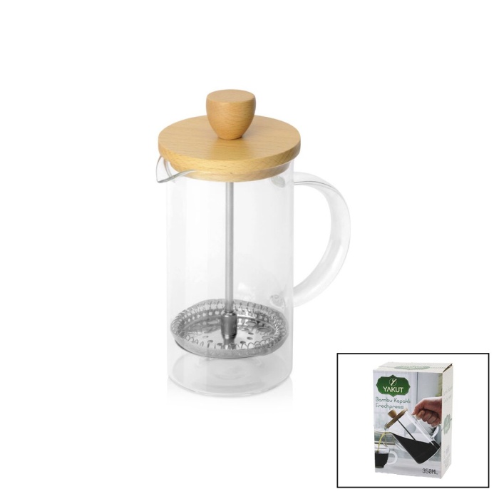 YAKUT-9584 FRENCH PRESS ( 350ML ) ( BAMBU KAPAKLI ) ( CAM ) BİTKİ SÜZGEÇİ*36