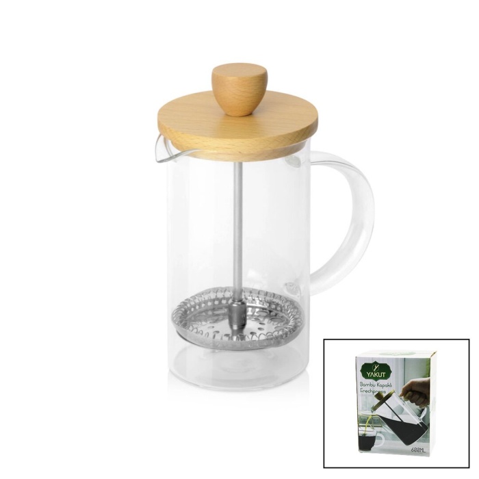 YAKUT-9585 FRENCH PRESS ( 600ML ) ( BAMBU KAPAKLI ) ( CAM ) BİTKİ SÜZGEÇİ*24