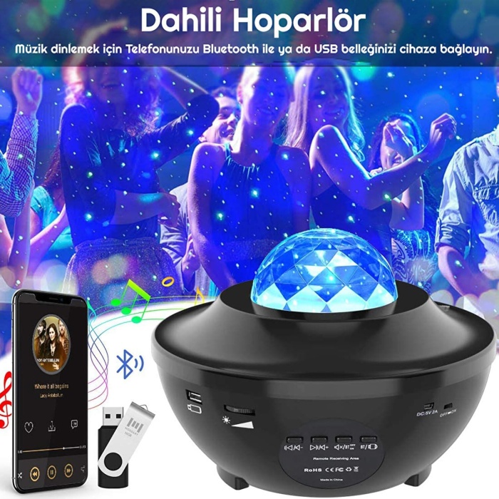 Starry Projektör Bluetooth Usb Hoparlör Lazer Işıklı Renkli Disko Parti Lambası