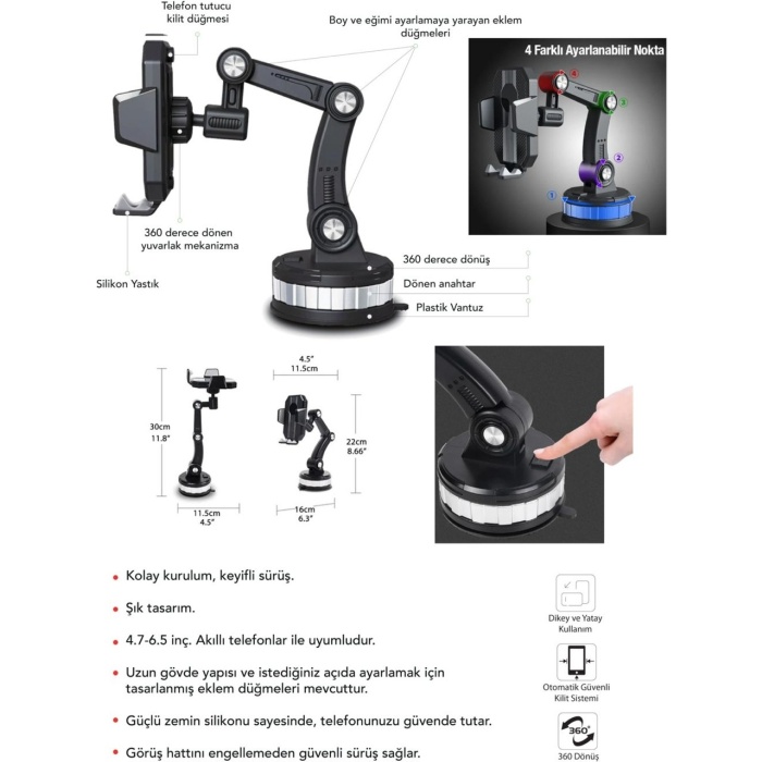Egonex 360 Derece Dönebilen Ayarlanabilir Araç Içi Vantuzlu Telefon Tutucu