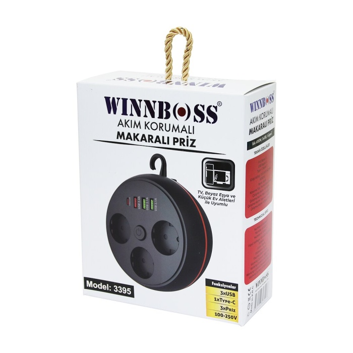 WINNBOSS-3395 SİYAH TERMAL AKIM KORUMALI MAKARALI ( 3XPRİZ ) ( 3XUSB ) (1XTYPE-C) PRİZ*30