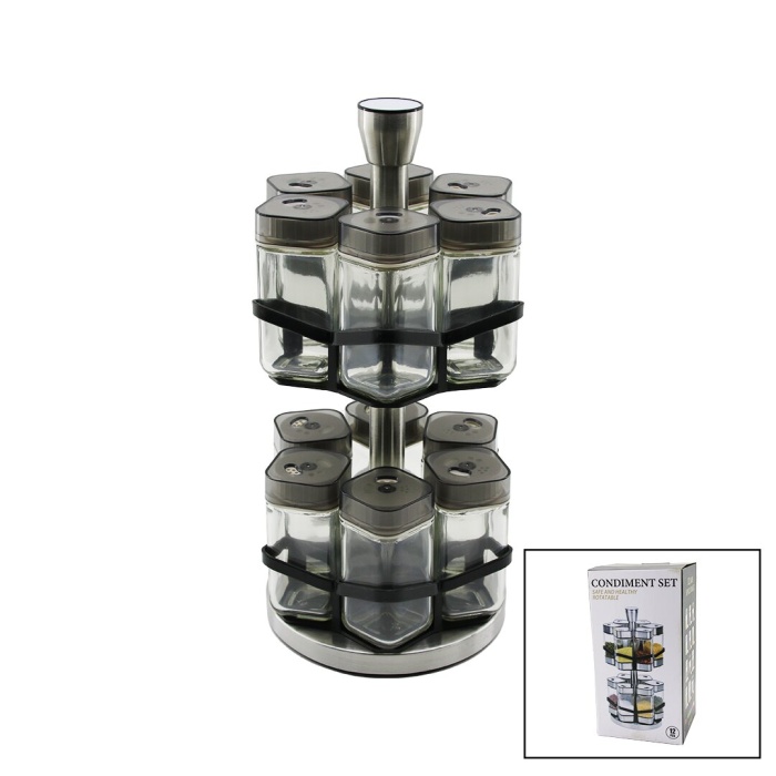 12PCS   KARE  CAM - PLASTİK KAPAK TUZLUK - BAHARATLIK  DÖNER STANDLI (4767)