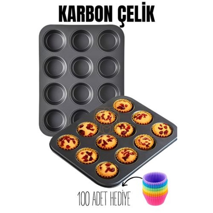 Turk 12 li Muffin Kalıbı Teflon Çelik 100 Muffin Kağıtlı