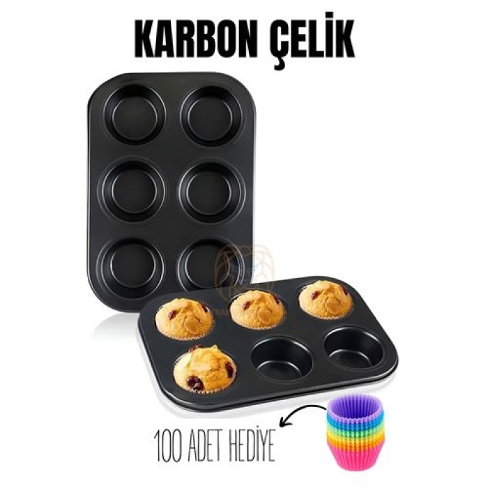 Turk 6 lı Muffin Kalıbı Teflon Çelik  100 Muffin Kağıtlı