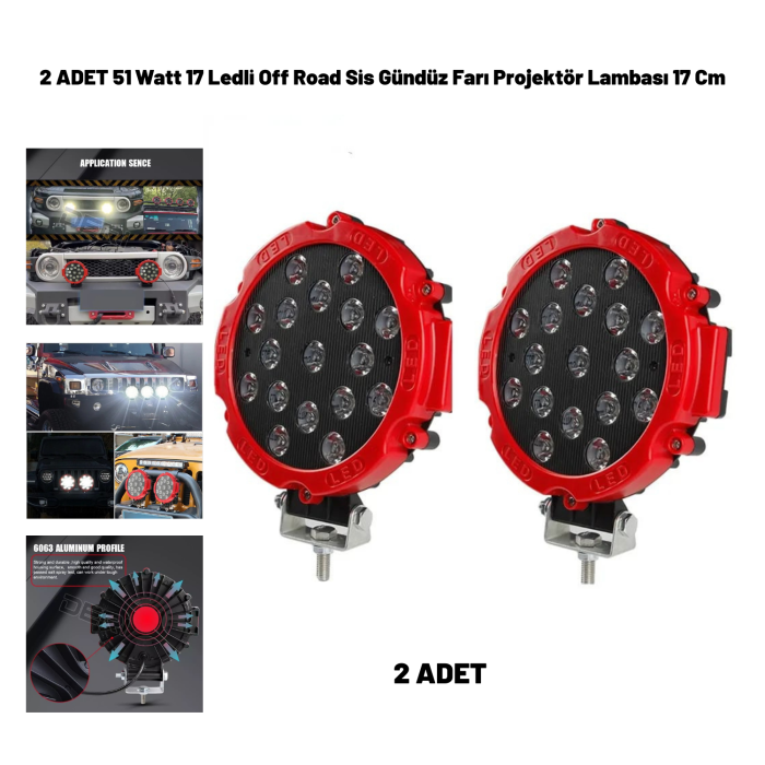 51 Watt 17 Ledli Off Road Sis Gündüz Farı Projektör Lambası 17 Cm 2 Adet