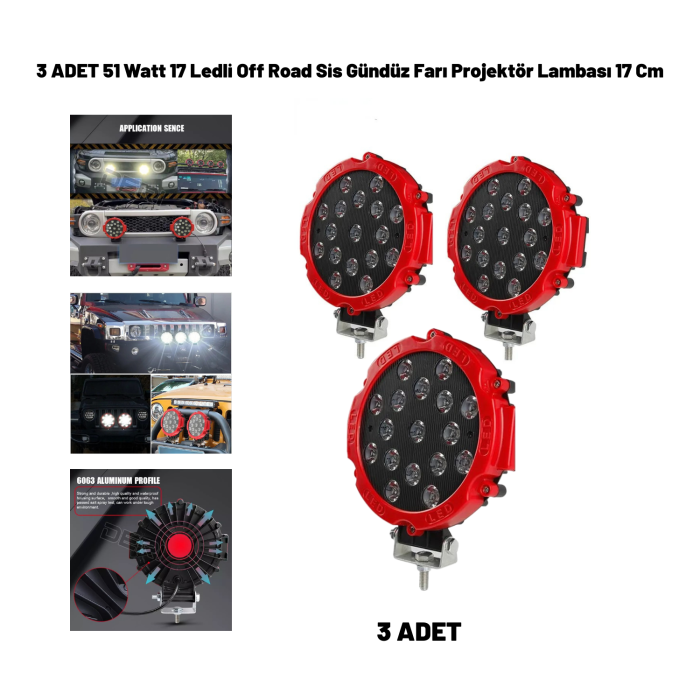 51 Watt 17 Ledli Off Road Sis Gündüz Farı Projektör Lambası 17 Cm 3 Adet