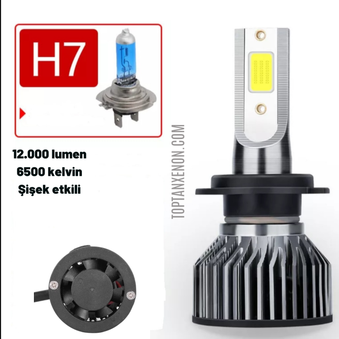 H7 Mini/slim Şimşek Led Xenon Far Ampul 12.000lm 6.500k Beyaz Renk, Fan Soğutuculu