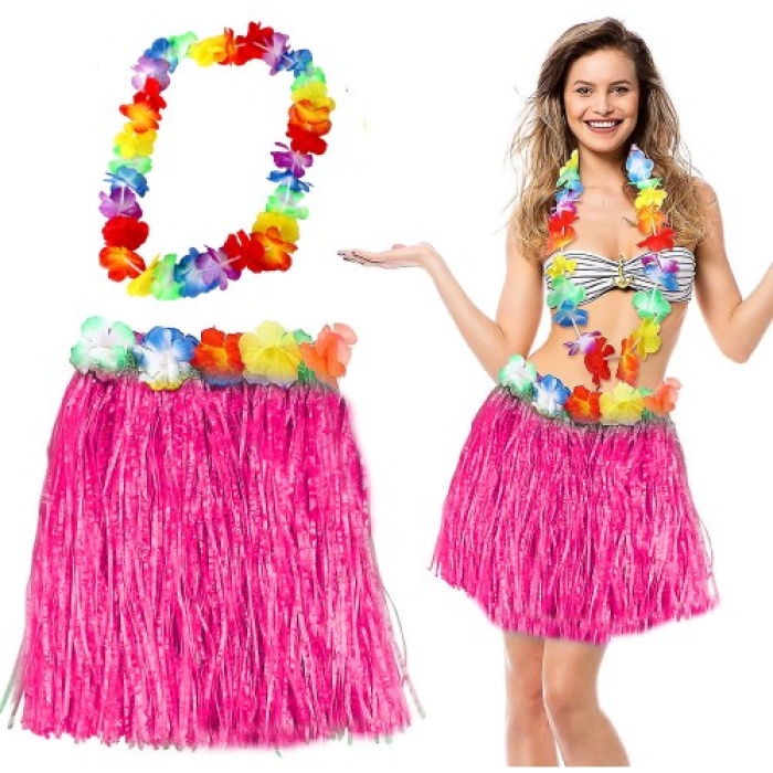 Hawaii Luau Aloha Pembe Püsküllü 40 cm Etek ve Hawaii Kolye Seti