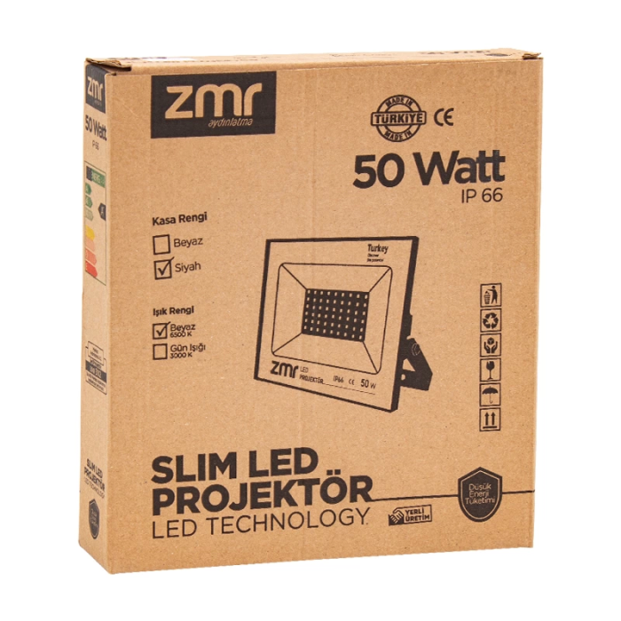 Zmr 50 Watt - 220 Volt 6500k Ip66 150* Işık Açısı Siyah Slim Kasa Led Projektör