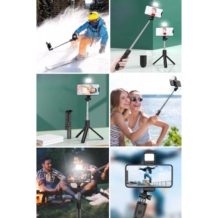 Kendiliğinden Işıklı Masaüstü Tripod Olabilen Telefon Tutuculu Kablosuz Kumandalı Selfie Çubuğu