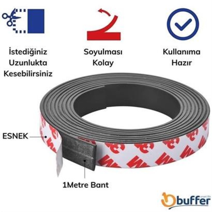 Yapışkanlı Şerit Mıknatıs Magnet Kes Kullan Güçlü Sağlam Rulo Çıkarılması Kolay Siyah 2cm x 1 mt