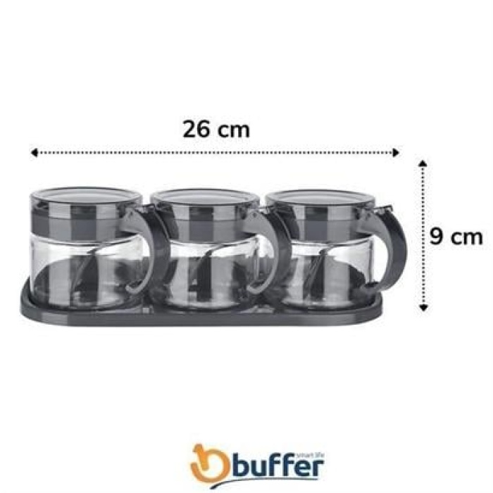 BUFFER®  Gri  3lü Standlı Kapaklı Kaşıklı Cam Hava Sızdırmaz Baharatlık Takımı KC-386