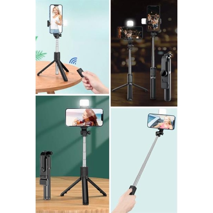 BUFFER® Kendiliğinden Işıklı Masaüstü Tripod Olabilen Telefon Tutuculu Kablosuz Kumandalı Selfie Çubuğu