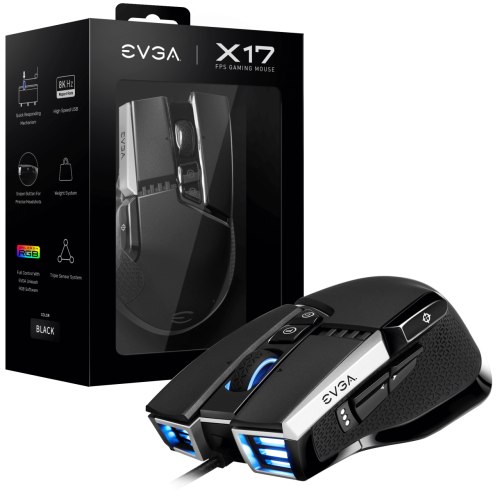 EVGA  X17 Gaming Mouse, Wired, Black, Customizable, 16,000 DPI, 5 Profiles, 10 Buttons, Ergonomic