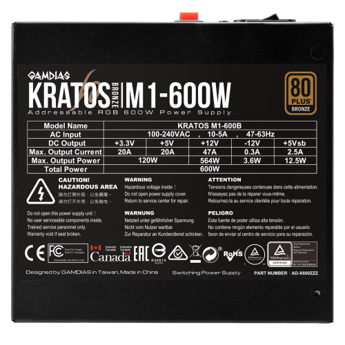 GAMDIAS KRATOS M1-600B, 600W, 80+ Bronze, Aktif PFC, RGB, GAMING, ATX, Power Supply (PSU)