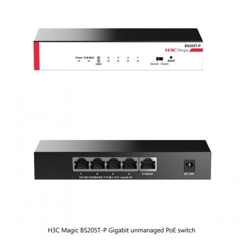 H3C H3C Magic BS205T-P, 5 Port, GigaBit, 4 Port PoE, 57W, +1 Port GigaBit Uplink, Metal Kasa, Yönetilemez, Masaüstü Switch