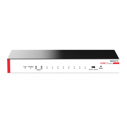 H3C H3C Magic BS210T-P, 10 Port, GigaBit, 8 Port PoE, 57W, +2 Port GigaBit Uplink, Metal Kasa, Yönetilemez, Masaüstü Switch