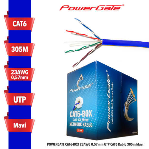 POWERGATE CAT6-BOX-BL, 23AWG 0,57mm, UTP, CAT6 Kablo, 305m, Mavi