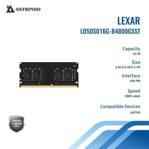 LEXAR RAM NB DDR5 SODIMM 16GB 262 PIN 4800MBPS CL40 1.1V- BLISTER PACKAGE LD5DS016G-B4800GSST