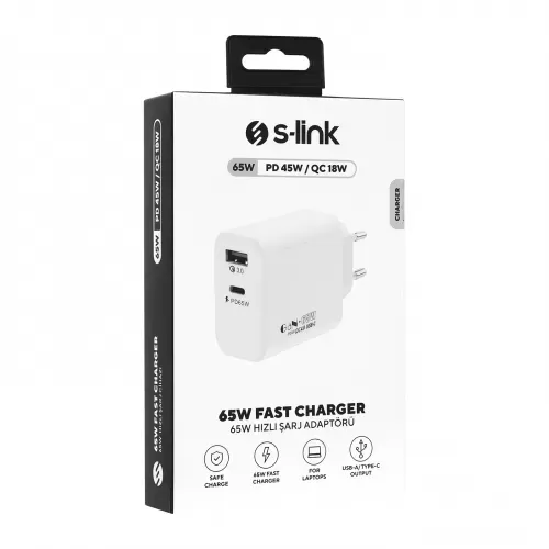 S-LINK SL-EC69, 65W USB-C +USB-A Şarj Cihazı. Telefon, Tablet, Notebook için uyumludur, Beyaz