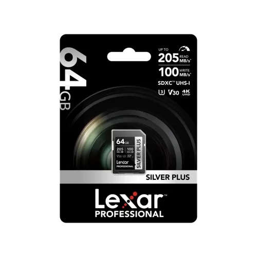 LEXAR LSDSIPL064G-BNNNG SD PROFESSIONAL SILVER PLUS SDXC UHS-I CARDS UP TO 205MB/S READ 100MB/S WRITE C10 V30 U3