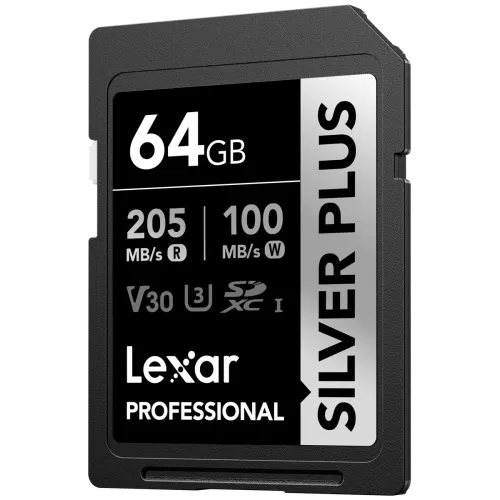 LEXAR LSDSIPL064G-BNNNG SD PROFESSIONAL SILVER PLUS SDXC UHS-I CARDS UP TO 205MB/S READ 100MB/S WRITE C10 V30 U3