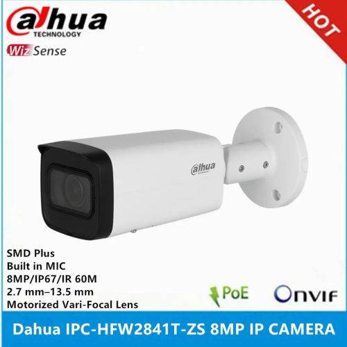 DAHUA IPC-HFW2841T-ZAS-27135 8Mpix, 2,7-13,5mm  Motoriz Lens, H265+, 80Mt Gece Görüşü, Dahili Mikrofon, Starlight, IP67,  PoE Bullet IP Kamera